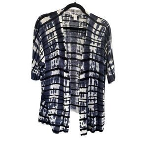 Chicos Size 2 Tie Dye Open Front Cardigan Blue Short Sleeve Linen Blend #6775